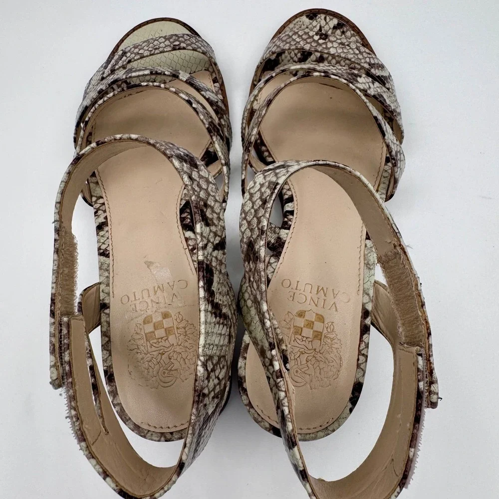Vince‎ Camuto Womens Leather Snakeskin Print Strappy Sandals Tan Brown 8M | 38.5